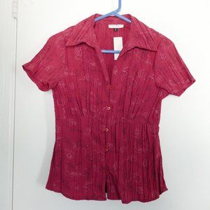 NWT Fred David ruby pink short sleeve button down blouse embroidered roses sz 8P
